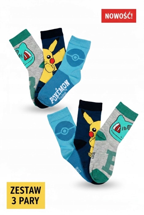 Skarpetki dziecięce Pokémon trójpak 3 pary Pikachu Bulbasaur Pokéball